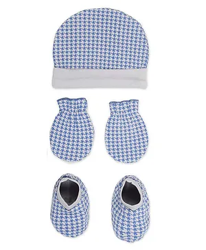 Rabbit Pocket Pack Of 3 Hounds Tooth Printed Mittens & Booties - Blue