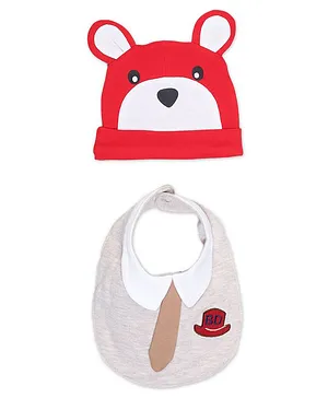 Rabbit Pocket Pac Of 2 Bear Face Design Cap & Bib - Red Beige