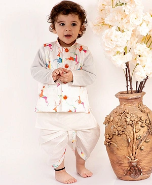 Little Bansi Full Sleeves Kurta With Deer Printed Jacket & Dhoti - White