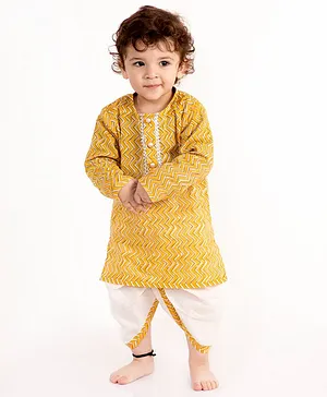 Little Bansi Full Sleeves Chevron Print Kurta With Dhoti - Yellow & Cream