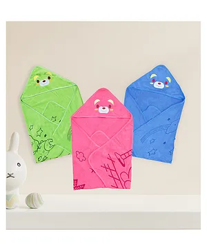 The Little Looker Hooded Towel Bear Embroidery Pack of 3 - Pink Blue Green ( Print May Vary)