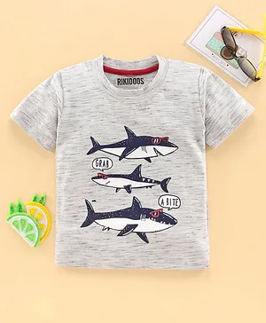 Rikidoos Half Sleeves Shark Print T-Shirt - Grey