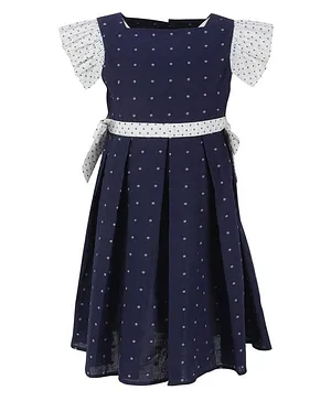 A Little Fable Short Flutter Sleeves Embroidered Butti Detailing Dress - Navy Blue