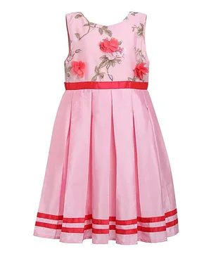 A Little Fable Sleeveless Rose Embellished Box Pleated Dress - Pink