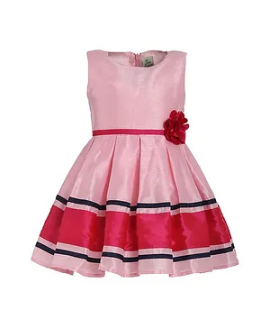 A Little Fable Sleeveless Striped Fit & Flare Flower Detailed Dress - Pink