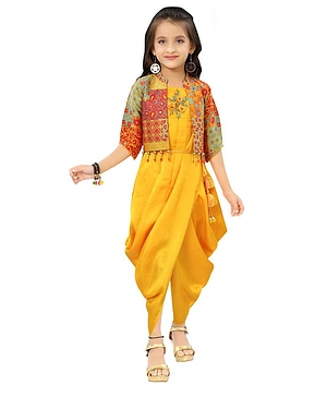 Joy-n-Jolly Floral Patch Detailing Dhoti Style Jumpsuit With Three Fourth Sleeves Jacquard Jacket - Yellow