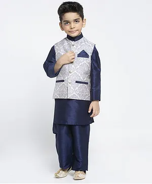Maxence Full Sleeves Kurta With Flower Print Jacket & Pyjama Set - White & Blue