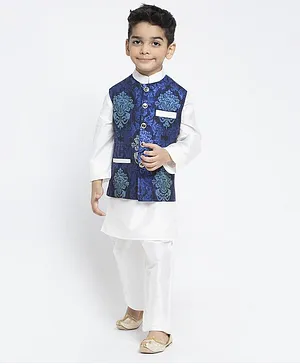 Maxence Full Sleeves Kurta With Flower Design Jacket & Pyjama  - Navy Blue & White