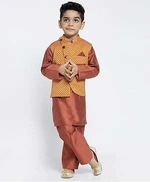 Maxence Full Sleeves Kurta With Checked Pattern Jacket & Pyjama Set - Orange & Brown