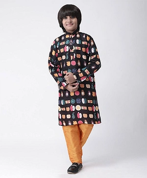 HANGUP Fruit Print Full Sleeves Kurta With Pajama - Black