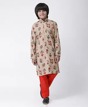 HANGUP Floral Print Full Sleeves Kurta With Pajama - Brown