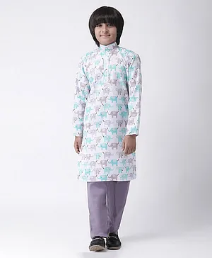 HANGUP Elephant Print Full Sleeves Kurta With Pajama - White