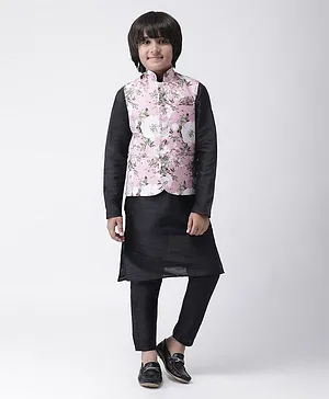 HANGUP Full Sleeves Kurta With Pajama & Floral Print Waistcoat - Black
