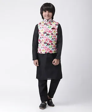 HANGUP Full Sleeves Collared Kurta With Pajama & Elephant Print Waistcoat - Multi Color