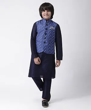 HANGUP Full Sleeves Star Print Kurta With Pajama & Waistcoat - Blue