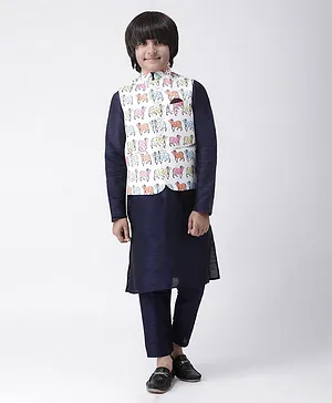 HANGUP Full Sleeves Kurta With Pajama & Animal Print Waistcoat - Blue
