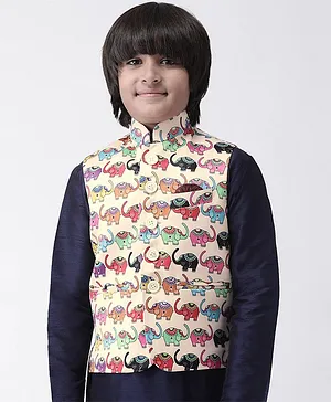 HANGUP Elephant Printed Sleeveless Nehru Jacket - Beige