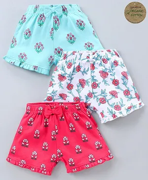 Babyoye Knee Length Shorts with Bow Floral Print Pack of 3 - Teal White Red