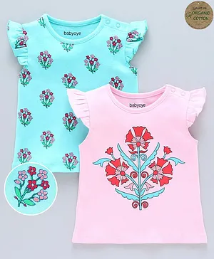 Babyoye Cap Sleeves Organic Cotton Tops Floral Print Pack of 2 - Pink Sea Green