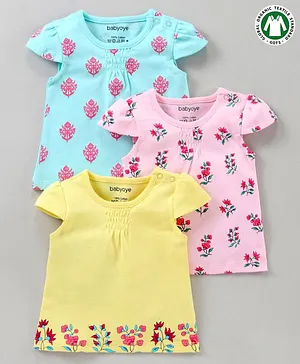 Babyoye Organic Cotton Cap Sleeves Tops Pack of 3 - Blue Pink Yellow