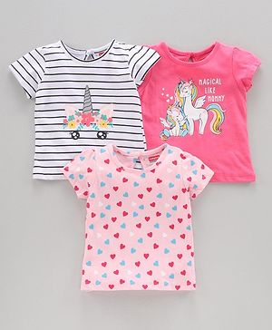 Babyhug Half Sleeves Biowashed Tees Unicorn Print Pack of 3 - Pink White