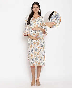 Bella Mama Three Fourth Sleeves Maternity Dress with Mask Floral Print - Off White