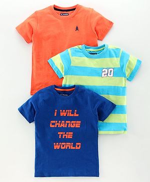 Pine Kids Half Sleeves Bioawashed 100% Cotton Tees Pack of 3 - Orange Green Blue