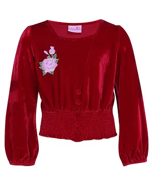 Cutecumber Full Sleeves Rose Embroidered Top - Red