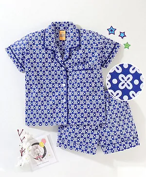 Yellow Duck Half Sleeves Night Suit Floral Print - Blue
