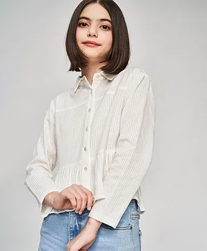 AND Girl Vertical Stripes Full Sleeves Collared Top - White