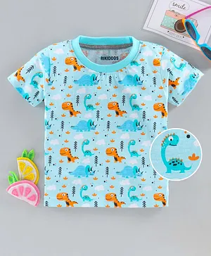 Rikidoos Half Sleeves Small Dinosaur Print T-Shirt - Sky Blue