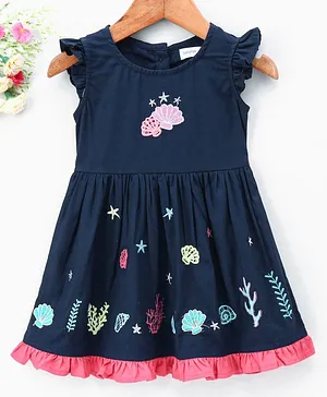 Babyoye Cotton Flutter Sleeves Frock with Bloomers Coral Embroidery - Blue