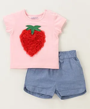 Babyoye Half Sleeves Cotton Top & Shorts Strawberry Embroidery - Baby Pink