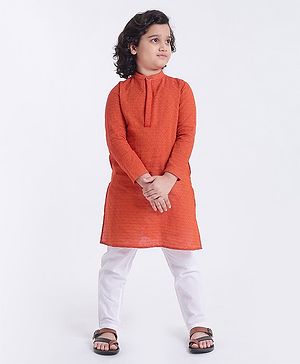 Pine Kids Full Sleeves Kurta With Embroidered Placket & Pyjama - Red White
