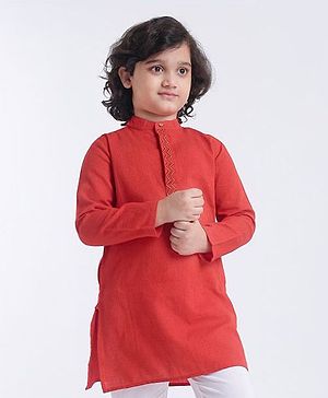 Pine Kids Full Sleeves Kurta With Embroidered Placket  - Red White