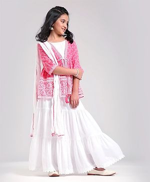 Pine Kids Printed Angarkha Top With Lehenga & Dupatta - Pink