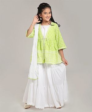 Pine Kids Printed Indo Western Ethnic Set with Mask - Green