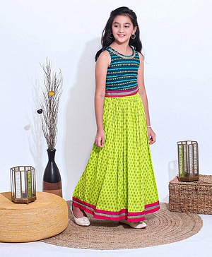 Pine Kids Sleeveless Choli And Printed Lehenga Set With Lace Detailing at Hem - Blue Green
