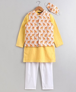 Pine Kids Full Sleeves Printed Kurta Nehru Jacket & Pyjama with Mask - Yellow