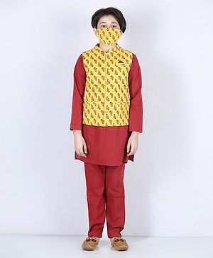 Pine Kids Full Sleeves Printed Kurta Nehru Jacket & Pyjama with Mask - Yellow Maroon
