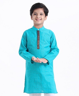 Pine Kids Full Sleeves Kurta With Embroidered Placket - Aqua Blue