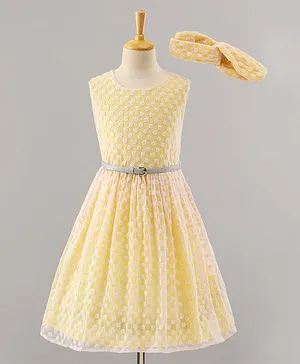Pine Kids Sleeveless Frock with Nylon Mesh Embroidery All Over - Yellow