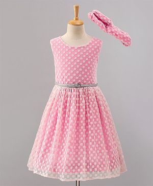 Pine Kids Sleeveless Frock with Nylon Mesh Embroidery All Over - Pink