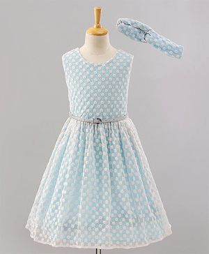 Pine Kids Sleeveless Frock with Nylon Mesh Embroidery All Over - Blue