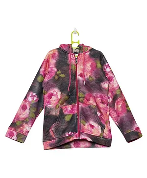Ziama Full Sleeves Floral Print Hooded Jacket - Pink