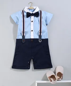 Mark & Mia Half Sleeves Solid Party Romper with Bow Tie & Suspenders - Blue