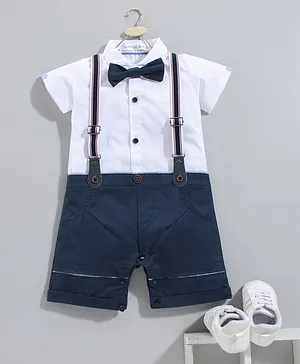 Mark & Mia Half Sleeves Romper with Bow & Suspender - Blue White