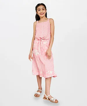 Global Desi Girl Sleeveless Top With Flower Print Skirt  - Pink