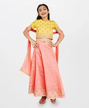Global Desi Girl Half Sleeves Flower Embroidery Detail Choli With Lehenga & Dupatta Set - Yellow