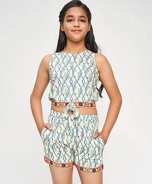 Global Desi Girl Flower Print Sleeveless Crop Top With Shorts - Off White
